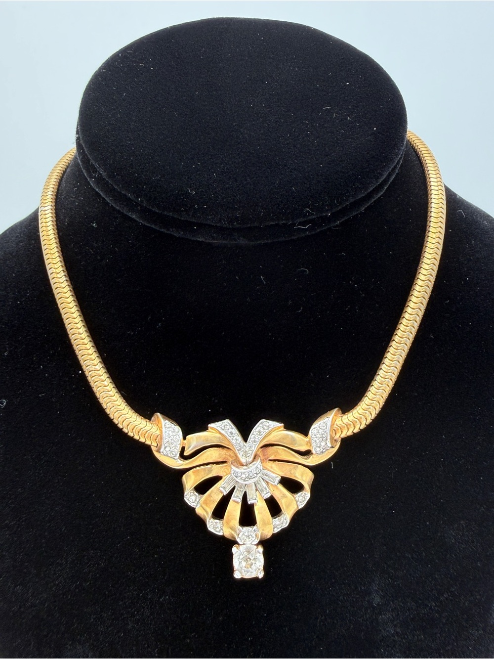 Vintage Mazer 1940s Gold Tone Rhinestone Choker Necklace - Signed - Picture 2 of 12